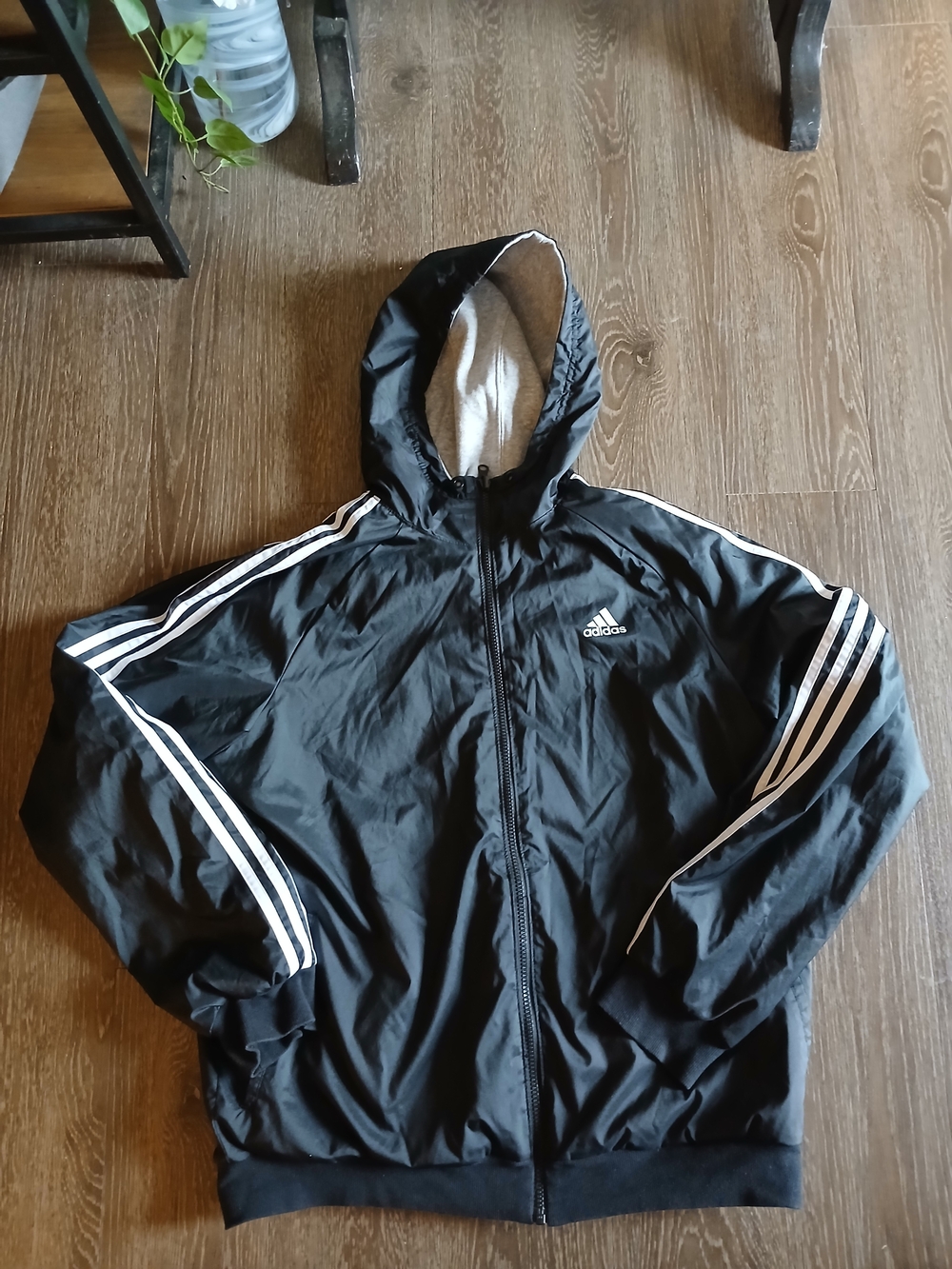 adidas Black Hooded Windbreaker with White Stripe Accents Reversible Grey Fleece